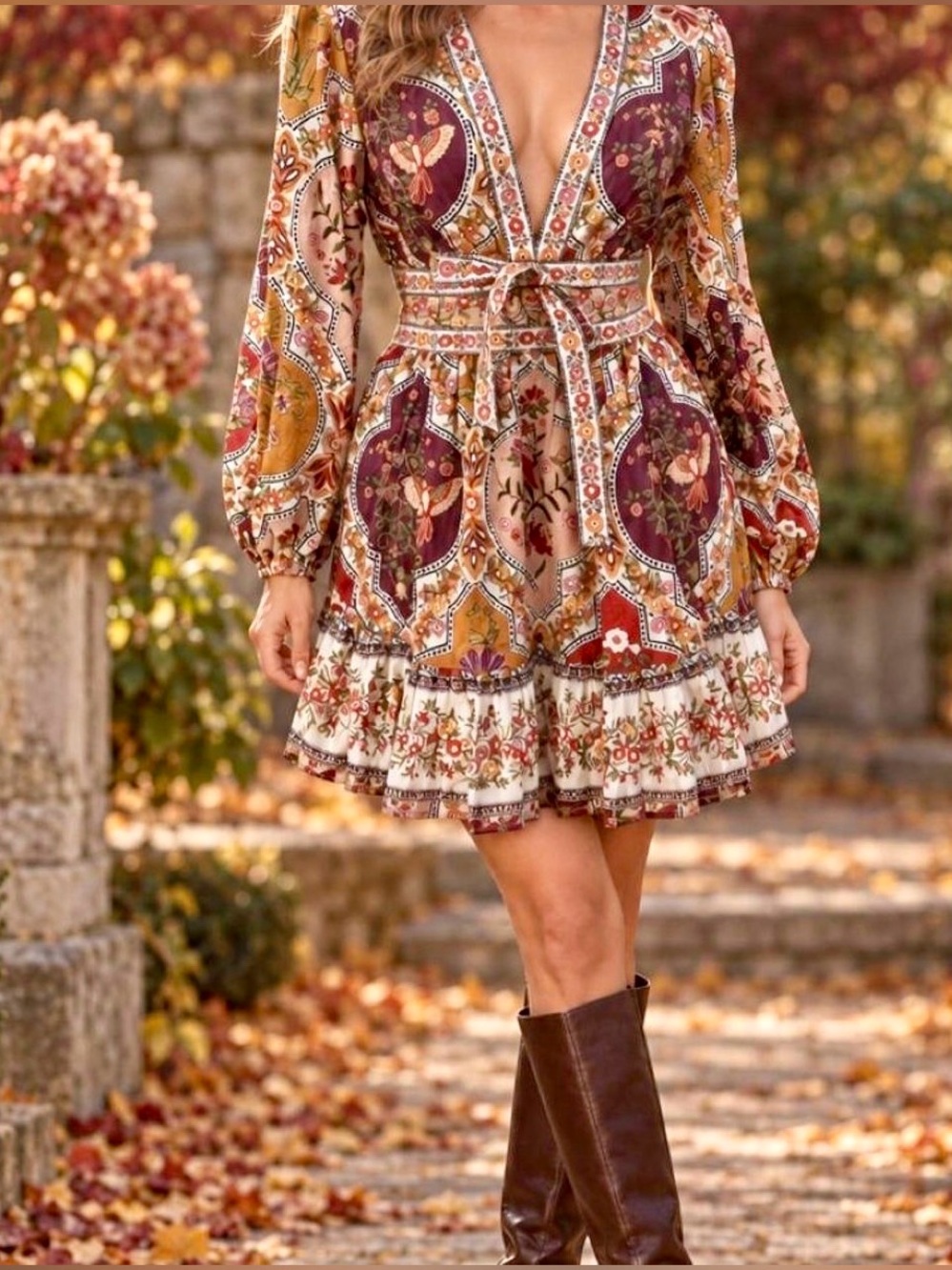 NWT Caroline Constas Autumn Floral Mini Dress M V-Neck Long Sleeves Flirty Chic
